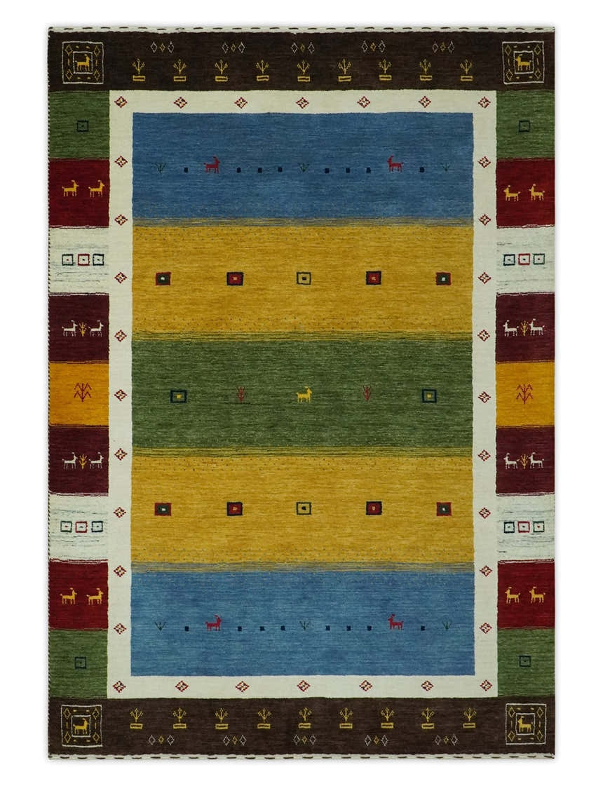 Tribal Gabbeh Green, Gold, Blue, Maroon and Ivory Stripes design Traditional Wool Area Rug