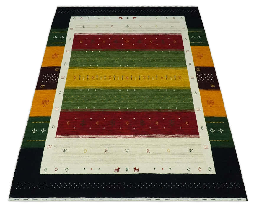 Tribal Gabbeh Green, Gold, Ivory, Maroon and Black Stripes design Traditional Hand loom Wool Area Rug
