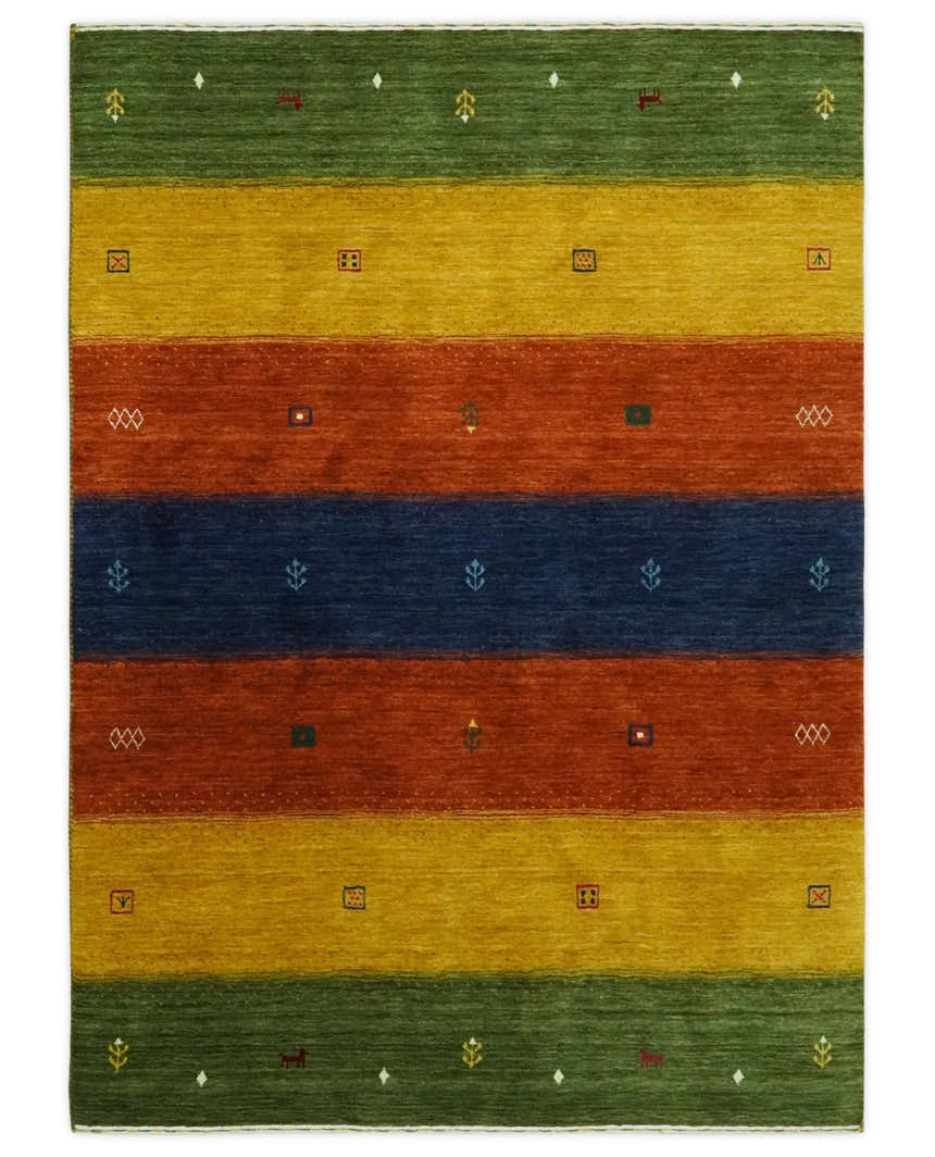 Tribal Gabbeh Green, Gold, Rust and Blue Stripes Design Multi Size Wool area Rug
