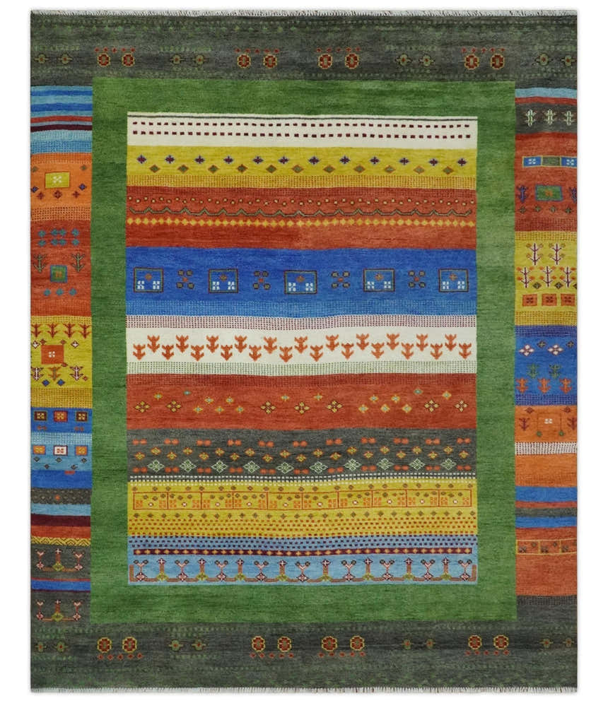 Tribal Gabbeh Green, Rust, Blue and Gold Hand knotted Antique Style Traditional Wool Area Rug