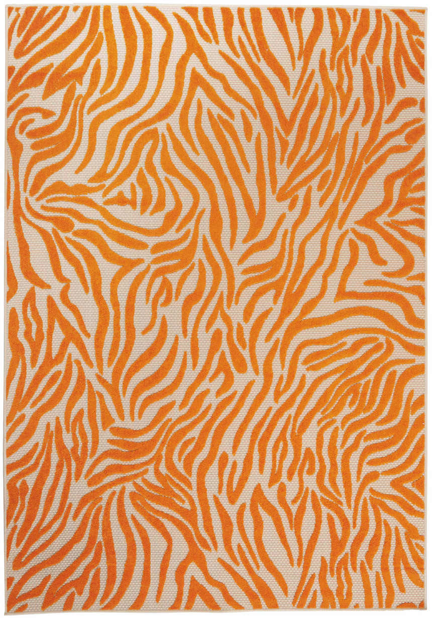 Close-up of the Nourison Aloha Orange area rug featuring a burnt orange zebra-like pattern on a neutral background.