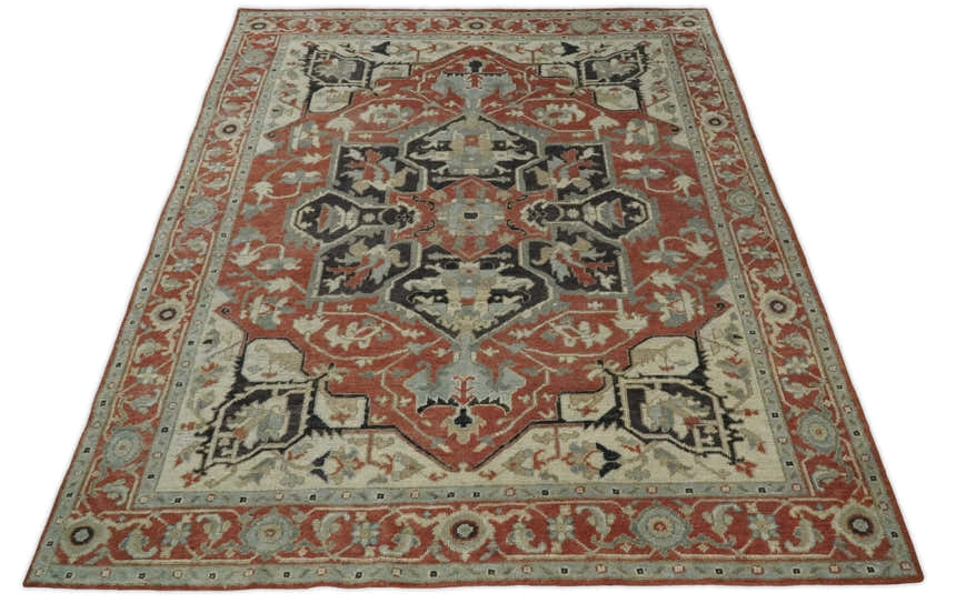 Traditional Heriz Rust And Beige Hand Knotted Wool Area Rug