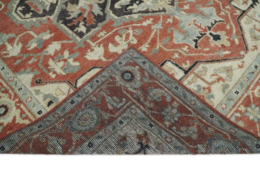 Traditional Heriz Rust And Beige Hand Knotted Wool Area Rug