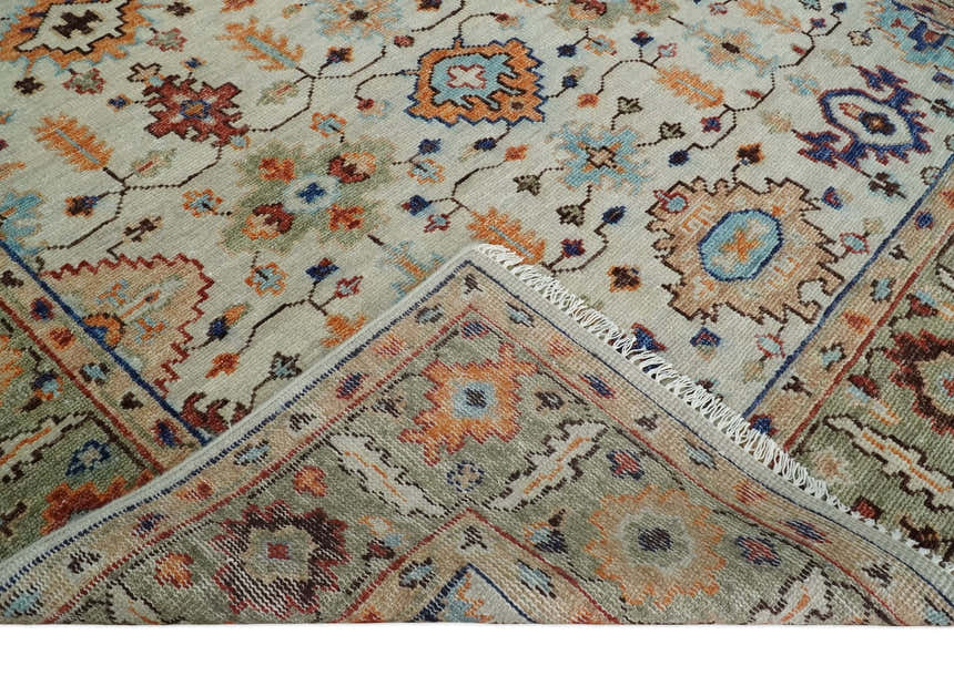 Turkish Knot Ivory and Green Colorful Traditional Multi Size Hand knotted Oushak Rug