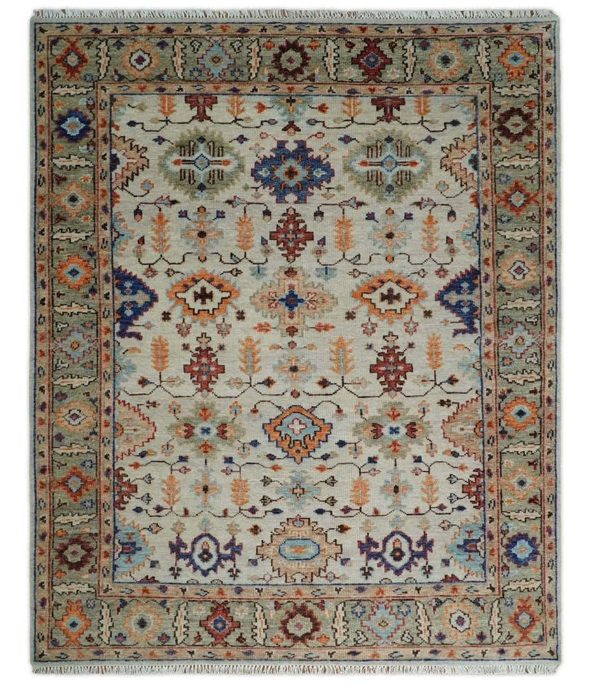 Turkish Knot Ivory and Green Colorful Traditional Multi Size Hand knotted Oushak Rug