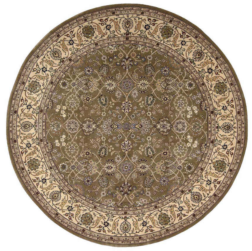 Close-up of the round, mushroom-colored Nourison 2000 Traditional area rug with floral and vine pattern. Handmade wool rug.
