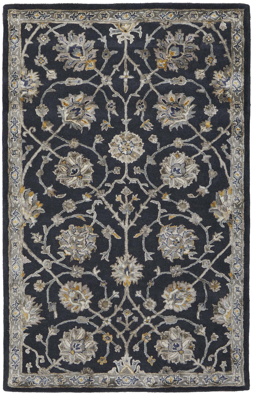 Close-up of the Feizy Prescott rug. Traditional floral design in blue, silver, and gray on a dark background. Hand-tufted texture. Design-Rectangle