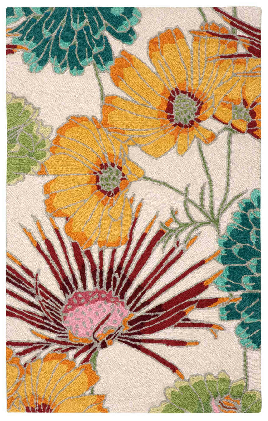Close-up of Nourison Fantasy Ivory rug. Features a floral design with chestnut, yellow, green, and teal colors. Handmade polyester rug.