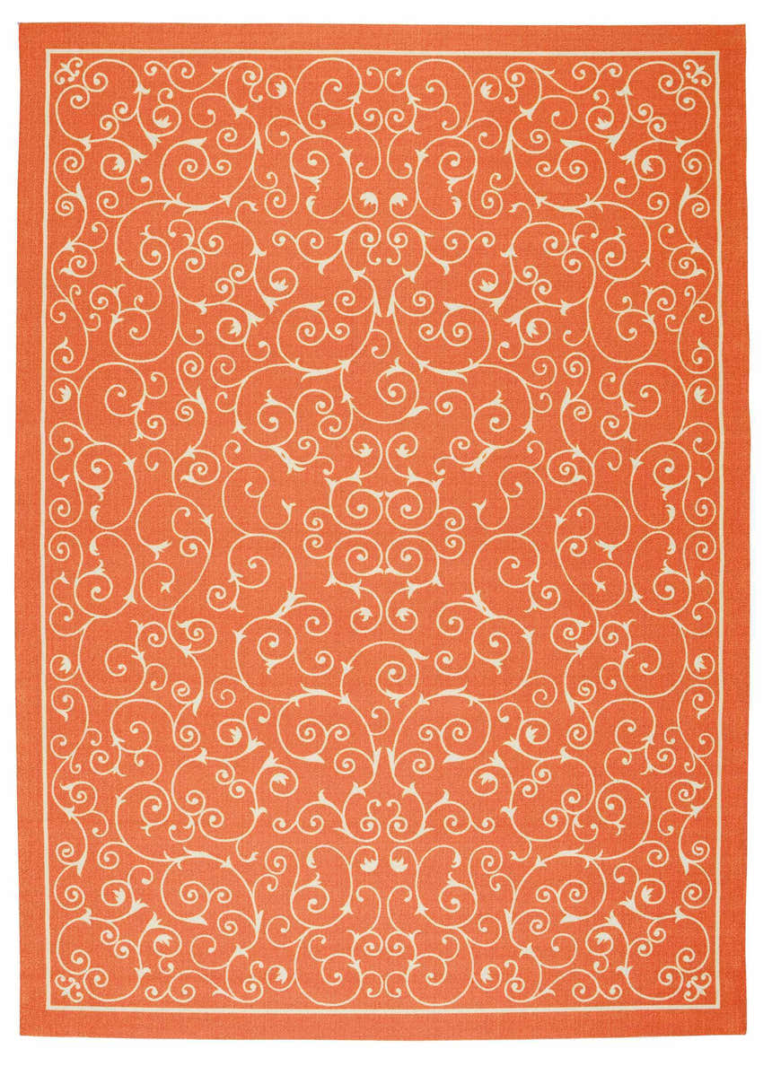 Close-up of Nourison Home & Garden Orange Transitional Area Rug. Burnt orange rug with a white, swirling vine pattern.