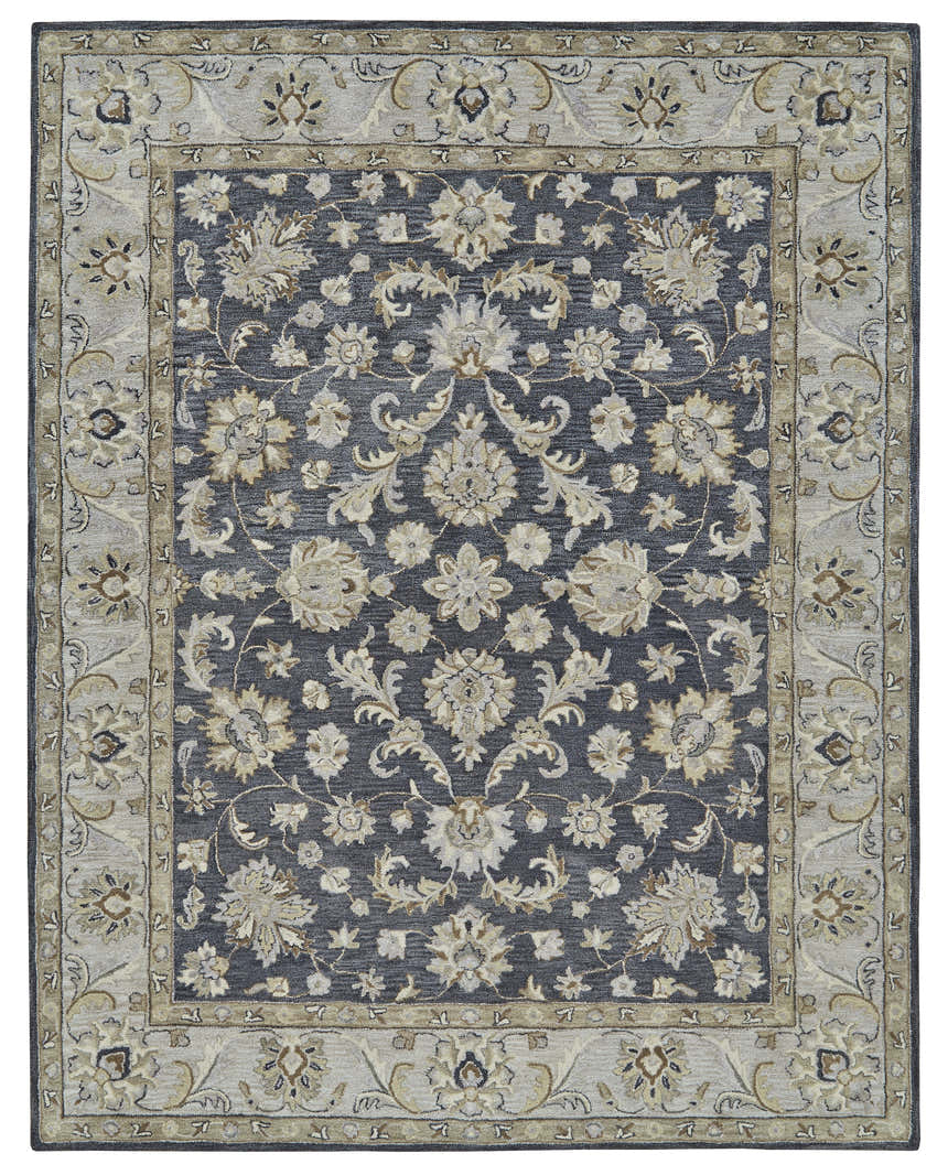 Feizy Eaton Traditional Oriental rug in blue, gray, and taupe with a floral pattern and decorative border. Design-Rectangle