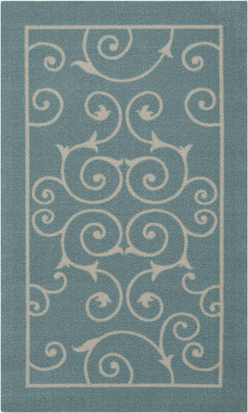 Close up of Nourison Home & Garden Light Blue Transitional Area Rug with a cream-colored scroll pattern.
