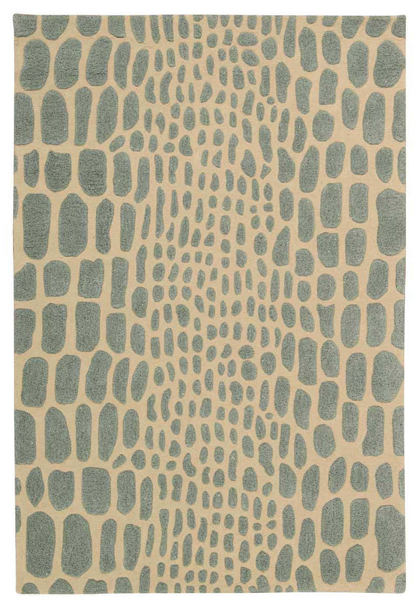 Close-up of the Michael Amini Zambiana Aqua rug. Eclectic design with an aqua reptile print on a beige wool background.