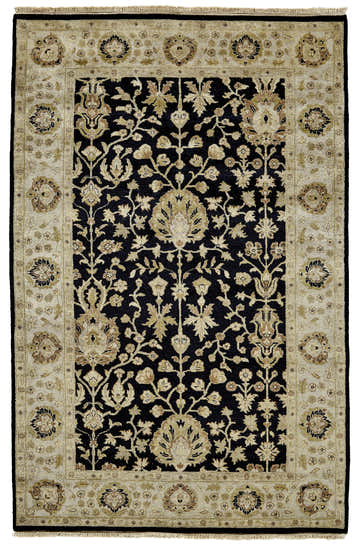 Detailed Feizy Drake rug in black and gold. Traditional floral pattern with a light border. Hand-knotted wool rug. Design-Rectangle