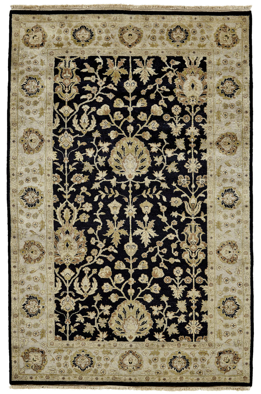 Detailed Feizy Drake rug in black and gold. Traditional floral pattern with a light border. Hand-knotted wool rug. Design-Rectangle