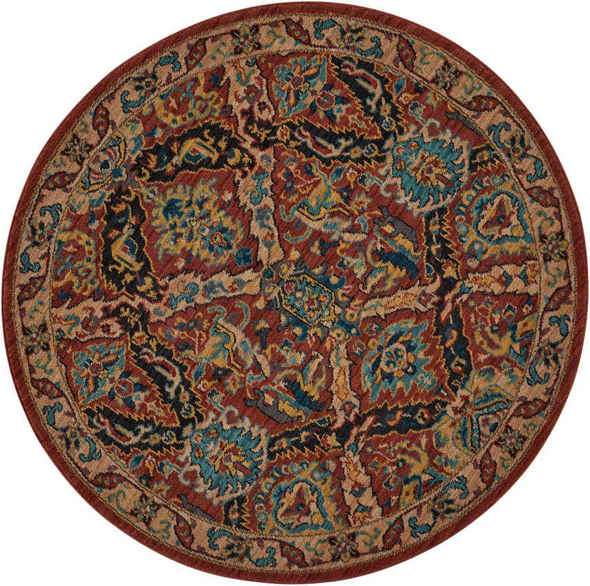 Round Nourison 2020 Terracotta rug. Traditional floral pattern in burnt orange, teal, gold, and black. Farmhouse style.