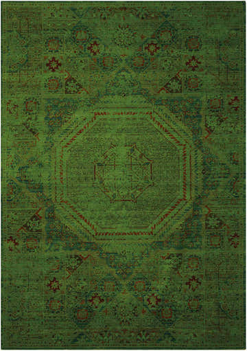 Close-up of Nourison Timeless Teal Persian rug. Machine-made rectangle rug with teal, red, and blue floral and geometric patterns.