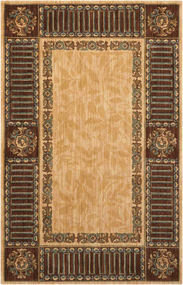 Close-up of Nourison Vallencierre Beige Vintage Area Rug. Features floral and geometric border, tan center with leaf design.