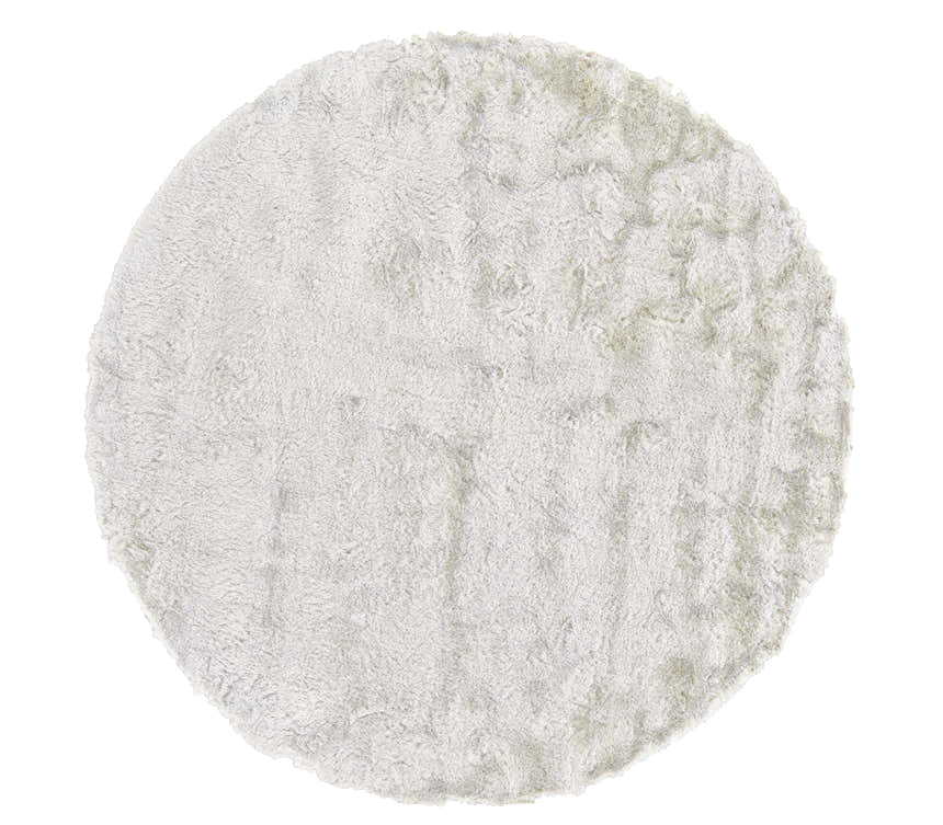 Close-up of a plush, round, white Feizy Indochine area rug. Soft, textured polyester pile. Design-Round