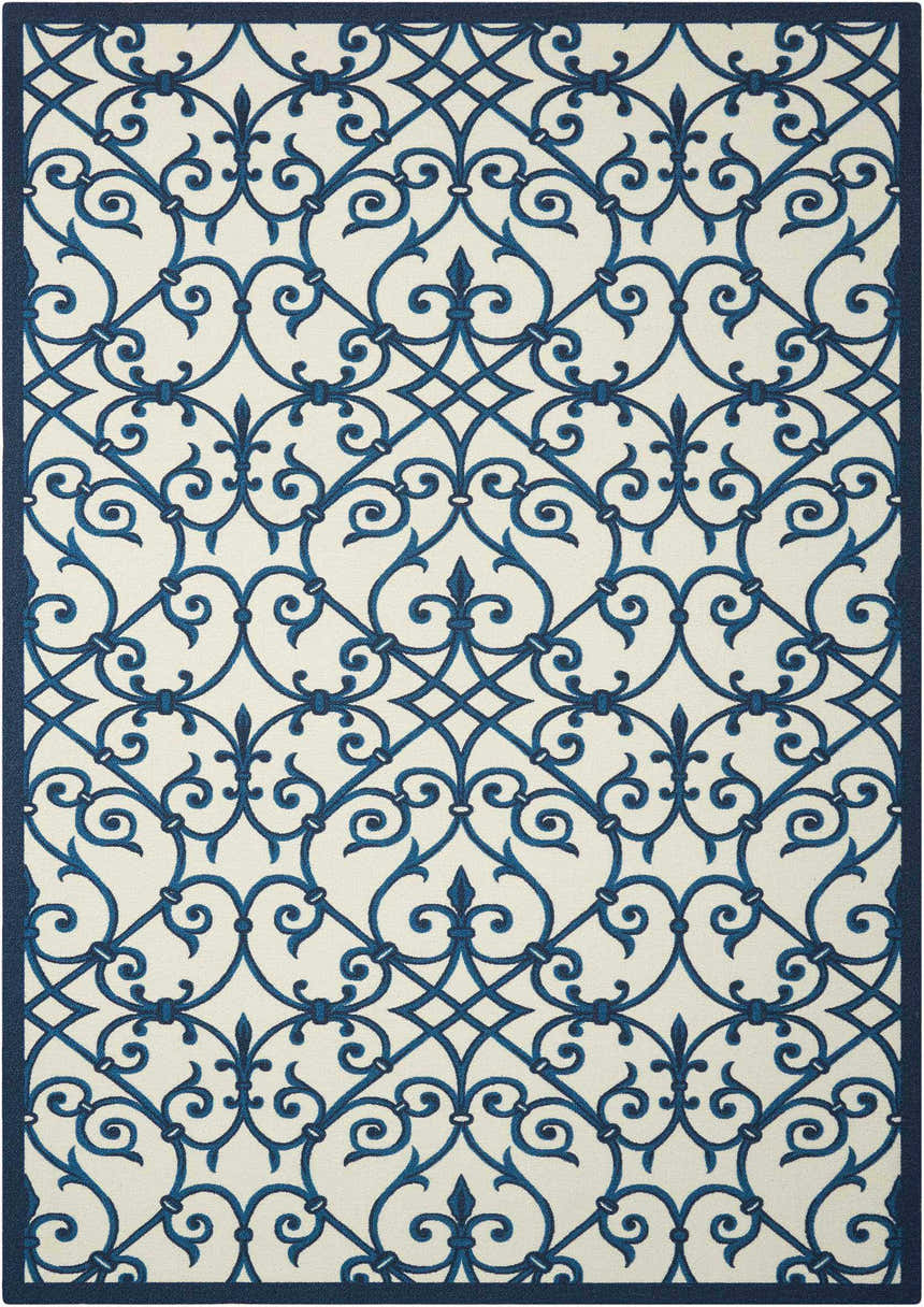 Close-up of Nourison Home & Garden Blue Farmhouse Area Rug. Features a light blue ornate trellis pattern on a cream background.