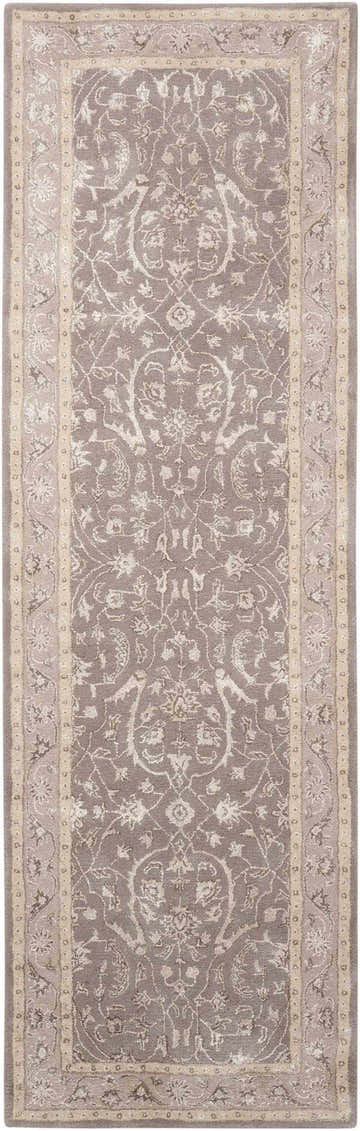Close-up of the Nourison Symphony Grey Indoor Area Rug, a wool and luxcelle runner with a floral pattern and border detail.