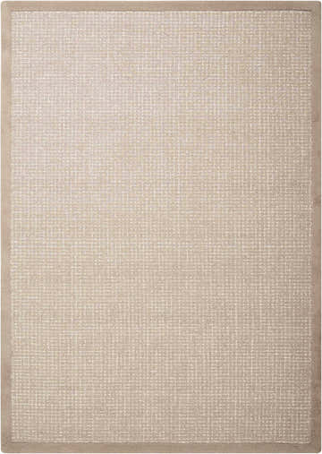 Close-up of the Nourison River Brook Taupe/Ivory rug. Handmade wool rug with a subtle grid pattern and solid taupe border.