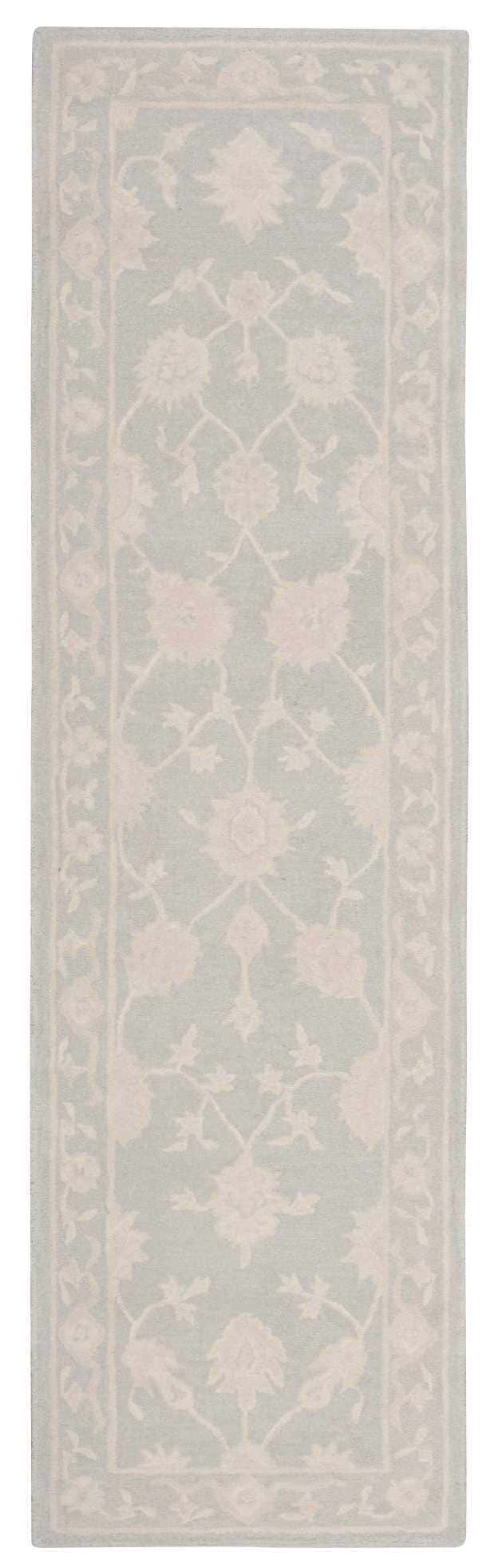 Nourison Zephyr Light Blue rug, a wool runner with a floral design and light border. Handmade rug.