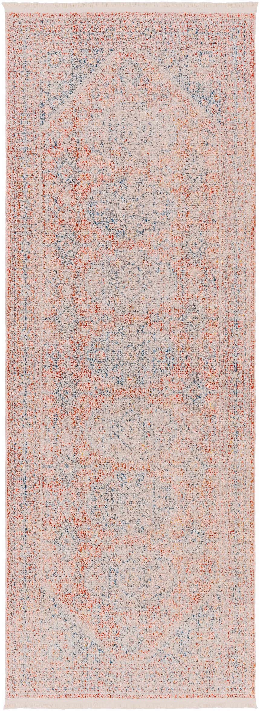 Close-up of the Vahn Area Rug. Machine-woven polyester rug in dark blue, ivory, red, and light blue with a traditional design. Design-Runner-2773