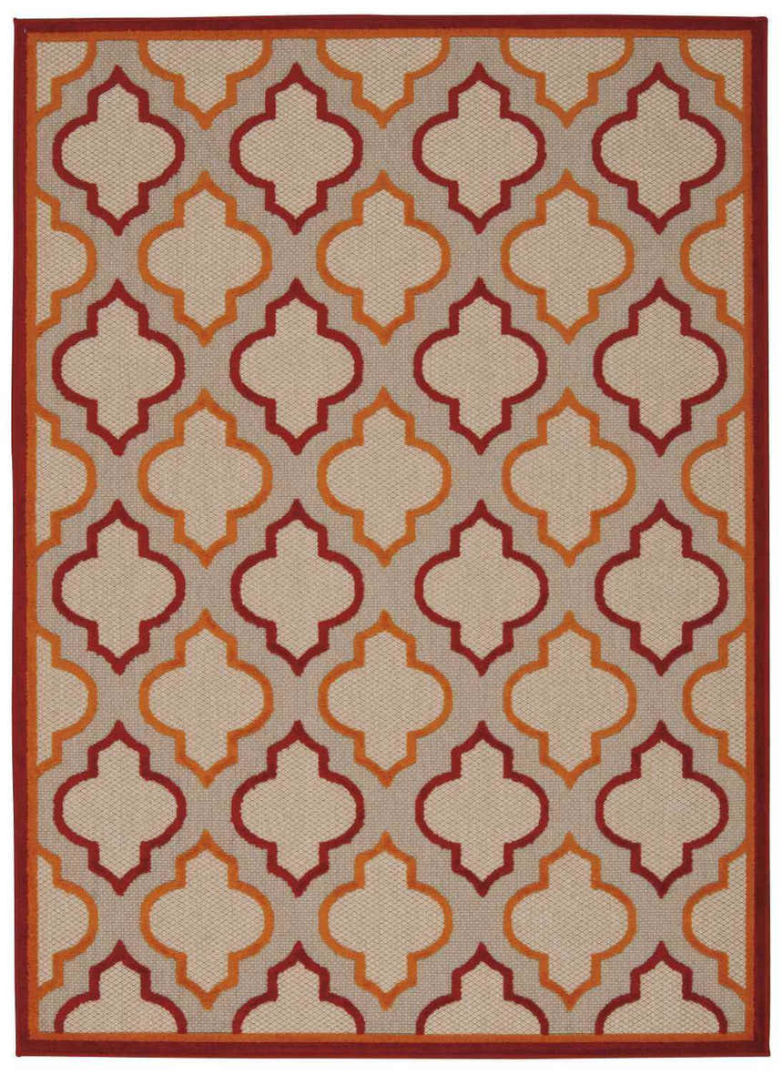 Close-up of Nourison Aloha Red Outdoor Area Rug featuring a quatrefoil pattern in red and orange on a neutral background.