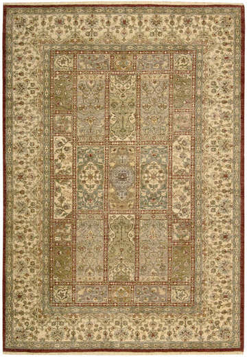 Close-up of the handmade Nourison Legend Multicolor Persian rug. Features floral patterns and geometric borders.