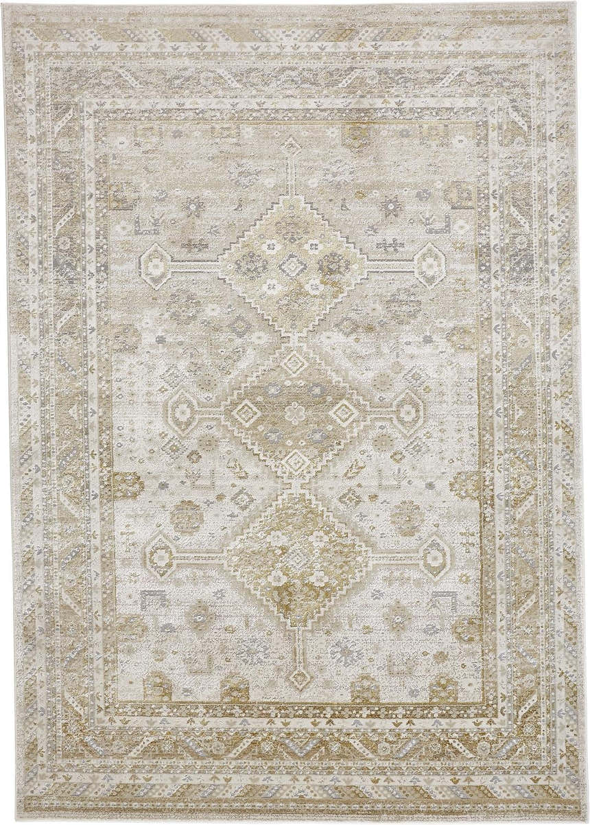 Close-up of the Feizy Aura Modern Persian rug in gold and ivory, featuring a traditional diamond pattern. Design-Rectangle
