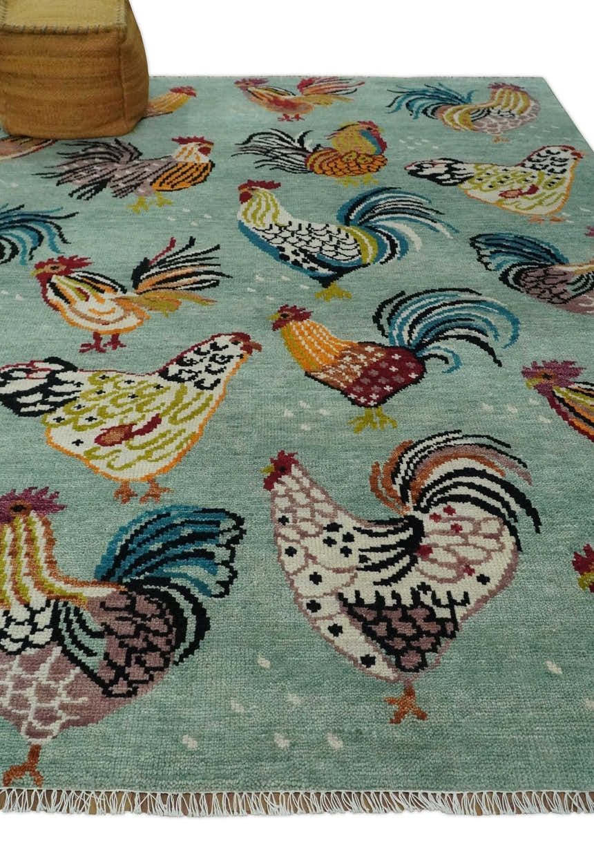Vibrant Colorful Beautiful Chicken Bird Sage, Ivory, Gold and Brown Hand Knotted Multi Size Wool Area Rug