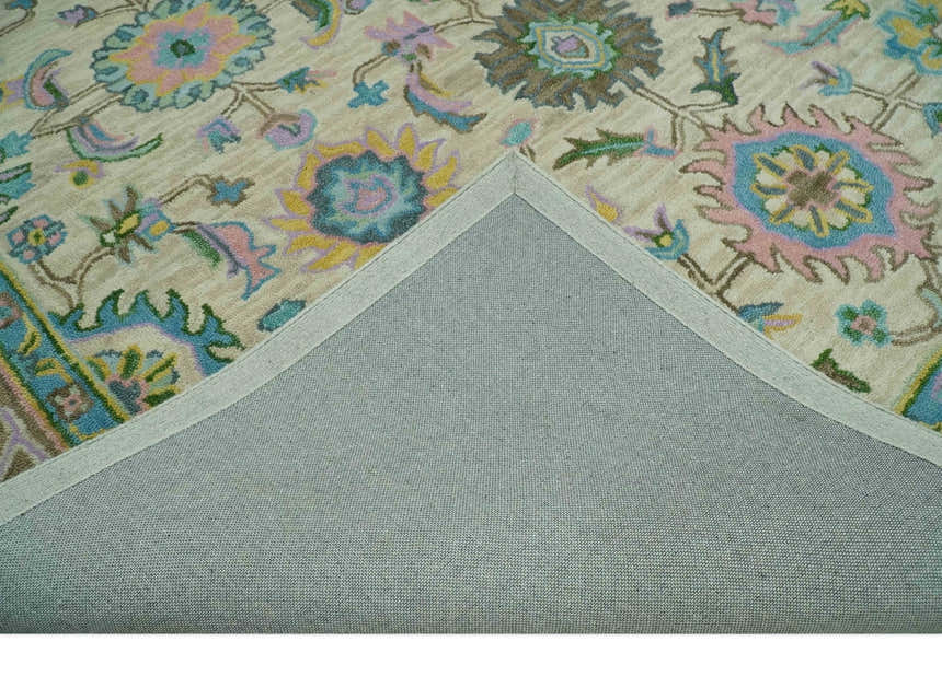 Vibrant Colorful Beige, Blue and Purple Traditional Floral Hand Tufted 8x10 wool rug