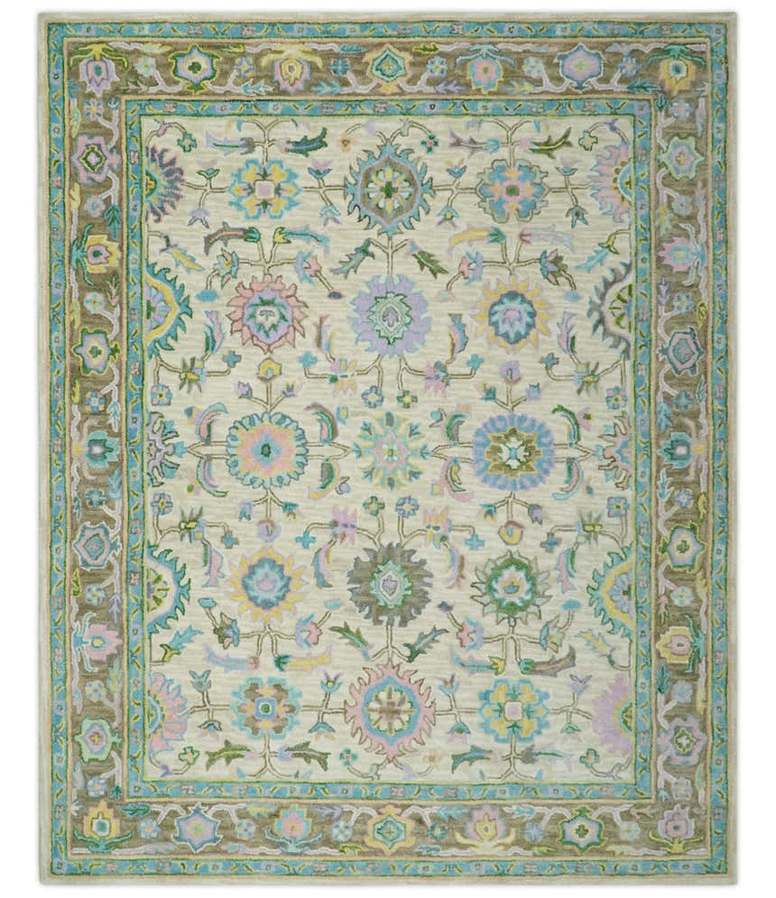 Vibrant Colorful Beige, Blue and Purple Traditional Floral Hand Tufted 8x10 wool rug