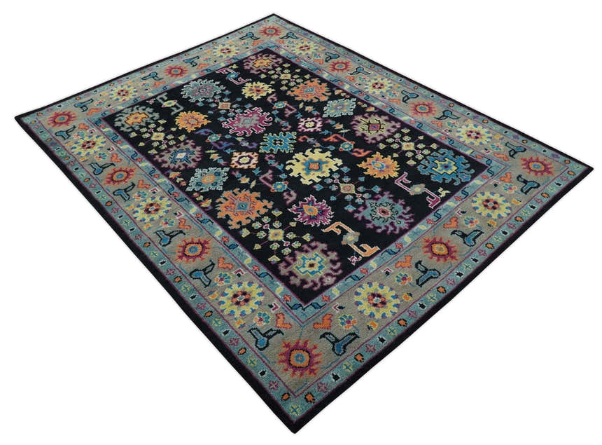 Vibrant Colorful Black, Beige, Purple and Blue Hand Knotted Traditional Oushak Custom Made wool Area Rug