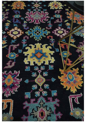 Vibrant Colorful Black, Beige, Purple and Blue Hand Knotted Traditional Oushak Custom Made wool Area Rug