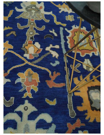 Vibrant Colorful Blue, Silver and Mustard Hand knotted Traditional Oushak Multi Size wool Area Rug