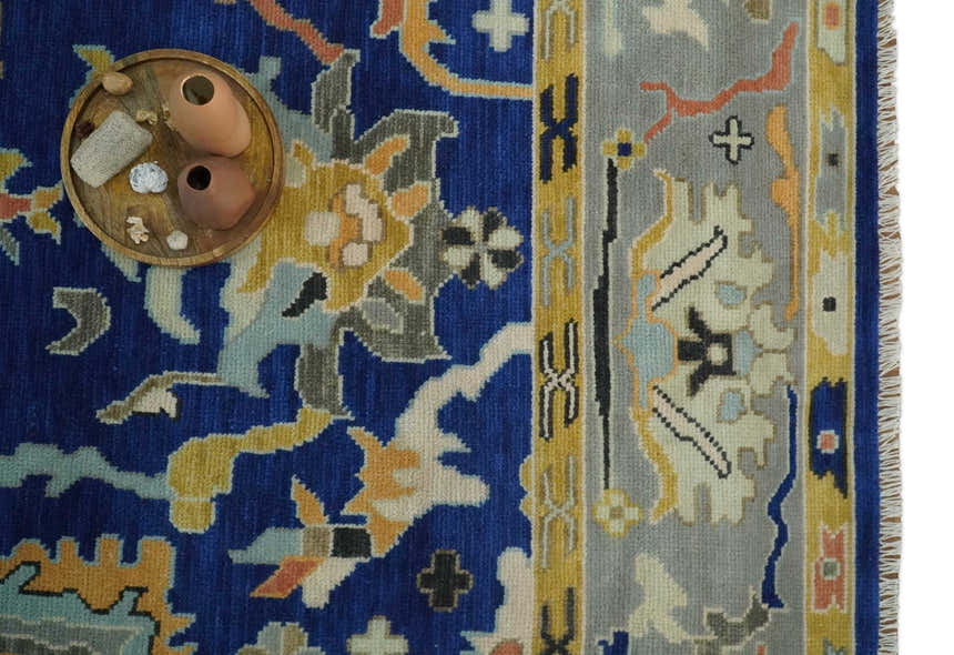 Vibrant Colorful Blue, Silver and Mustard Hand knotted Traditional Oushak Multi Size wool Area Rug