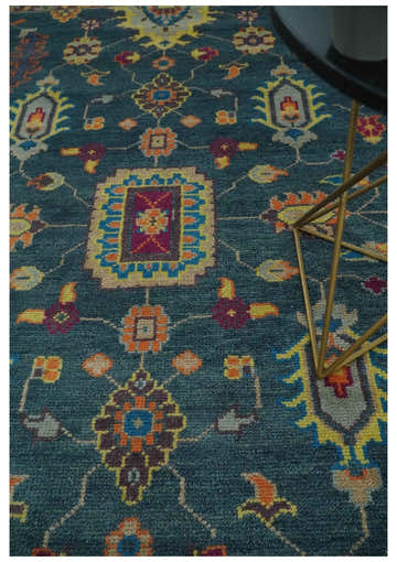 Vibrant Colorful Green, Silver, Mustard and Orange Hand Knotted Oriental Oushak Multi Size wool Area Rug