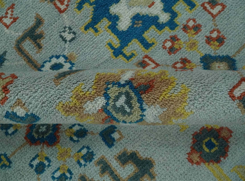 Vibrant Colorful Light Blue, Mustard, Brown and Blue Hand Knotted Traditional Oushak Multi Size wool Area Rug