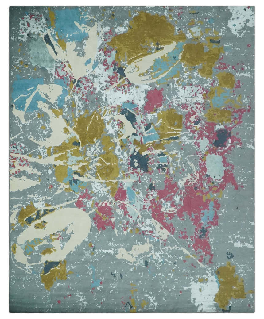 Vibrant Colorful Modern Abstract Gray, Olive, Purple and Ivory Hand knotted 10x14 and 12x15 wool Area Rug