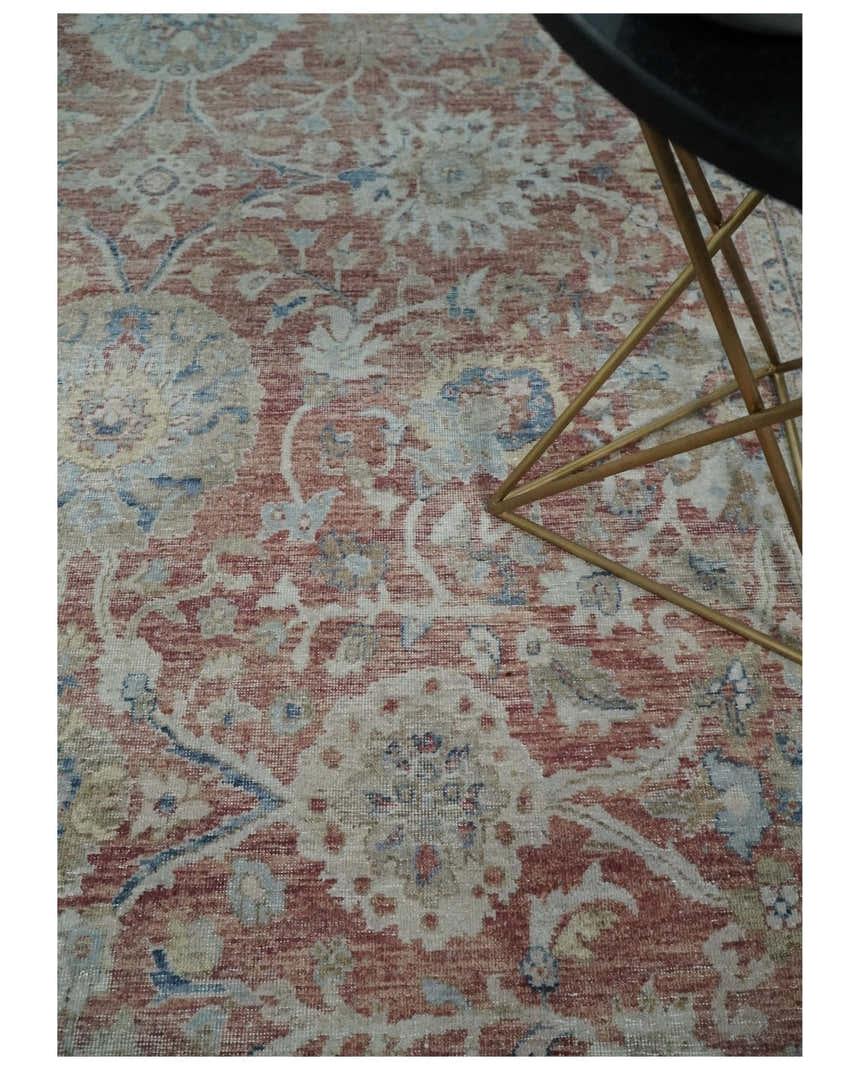 Vintage Hand Knotted 8x10 Rust and Blue Traditional Oxidized Textured Persian Low Pile Wool Rug | TRD2601
