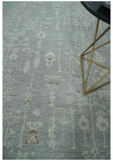 Vintage Texture, Low Pile Hand Knotted Silver and Ivory Traditional Oushak Multi Size Wool Area Rug