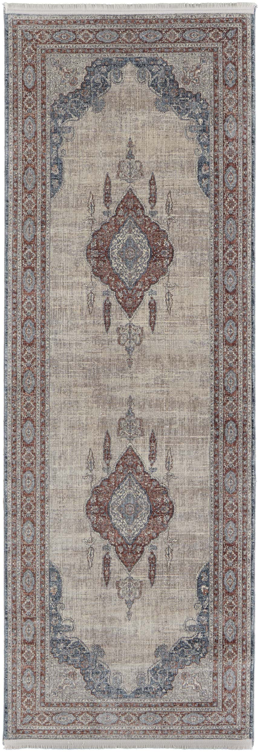 Feizy Marquette Transitional Medallion Area Rug with gray, red, and blue vintage-style design. Design-Runner