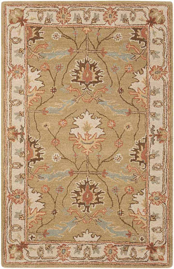 Close-up of Nourison India House Sage Farmhouse Rug. Handmade wool rug with muted sage, brown, and blue floral pattern.