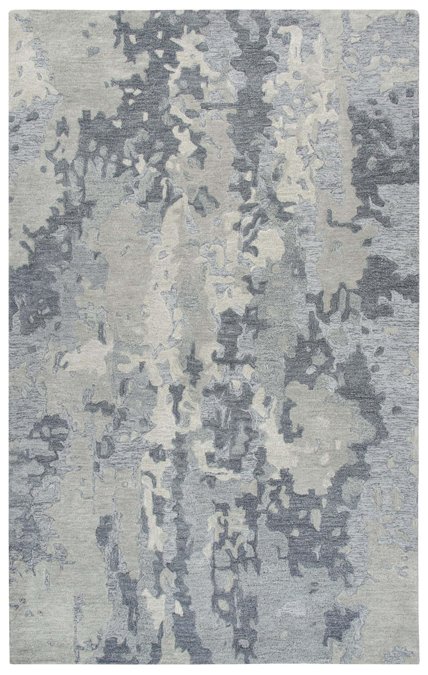 Close-up of the hand-tufted Rizzy VOG109 area rug. Contemporary style with gray and medium gray abstract patterns. 100% wool texture. Design-Rectangle