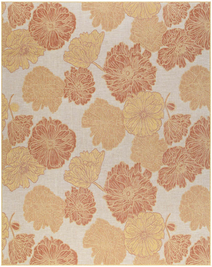 Close-up of the Nourison Garden Oasis Coral Tropical Area Rug, featuring a coral and yellow floral pattern.