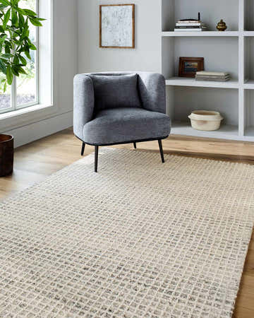 Living room scene with gray chair and Andreas Handmade Vivir x LIVABLISS VVAN-2300 area rug in beige, ivory, and slate gray. Roomscene-Rectangle