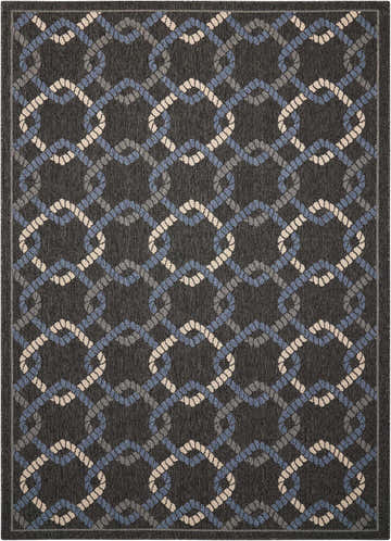 Close-up of the Nourison Caribbean Charcoal rug featuring a taupe, blue, and gray geometric rope design.