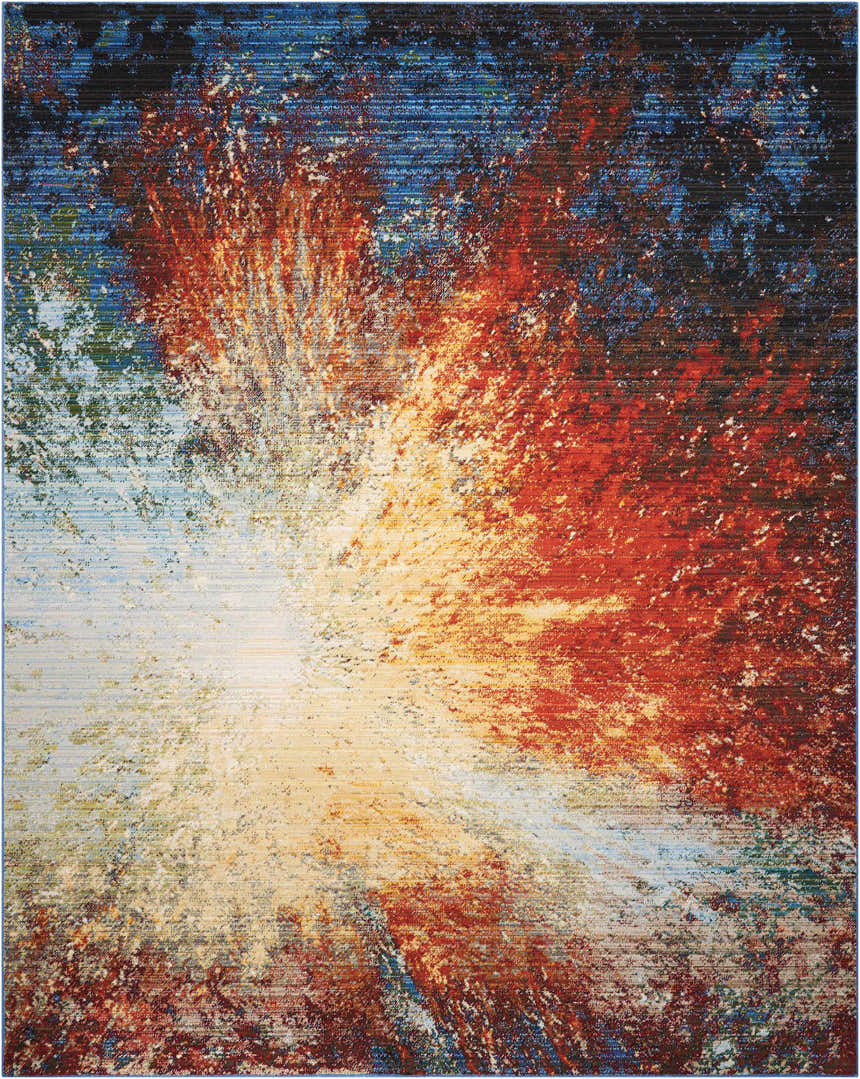 Close-up of the Nourison Chroma Red Flare rug, featuring a vibrant abstract design in red, blue, and cream hues.