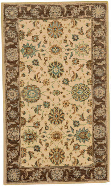 Close-up of Nourison Living Treasures Beige rug, featuring a floral pattern with brown and teal accents on a cream background.